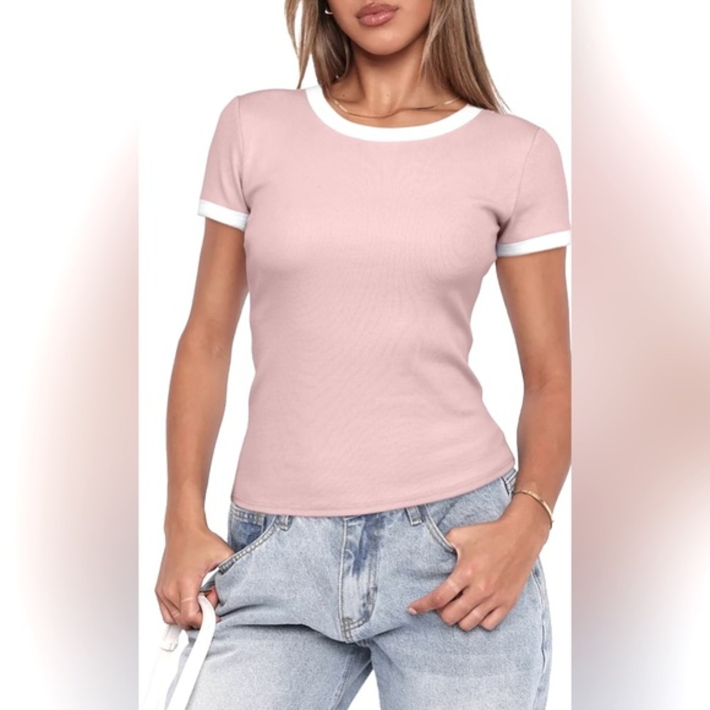U Neck Short Sleeve Color Block Slim Fit Ribbed Knit Basic Tee | NWT | S - Picture 4 of 9